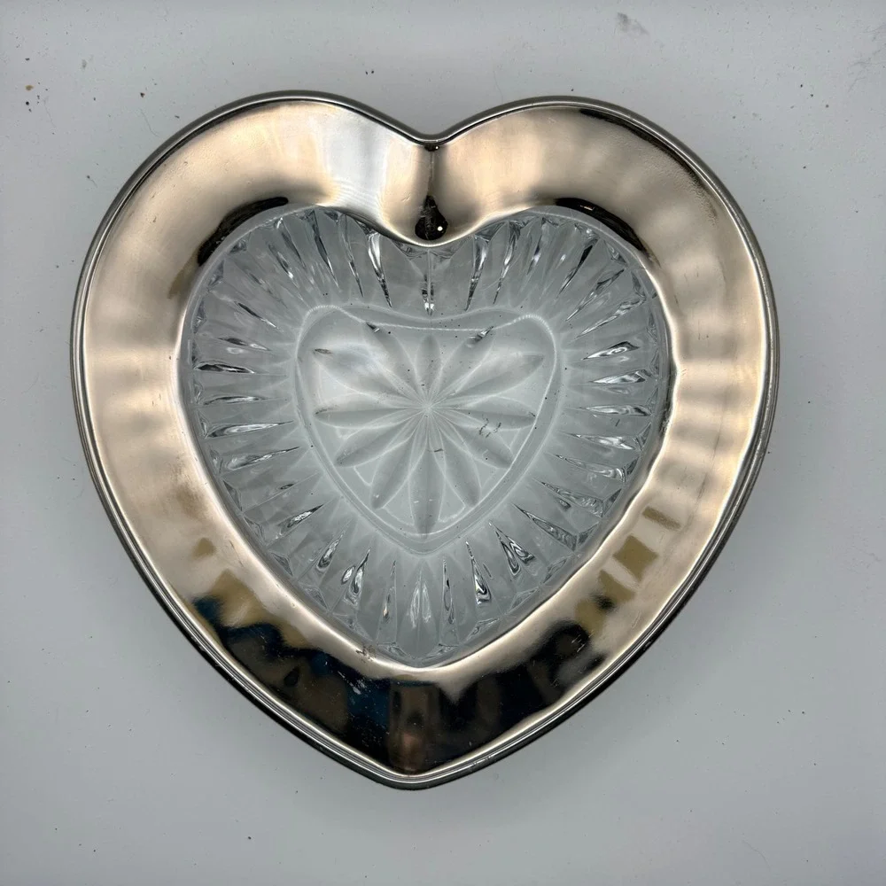 Vintage Mikasa Desire Heart Crystal Candy Bowl Silver Rim Trinket Dish